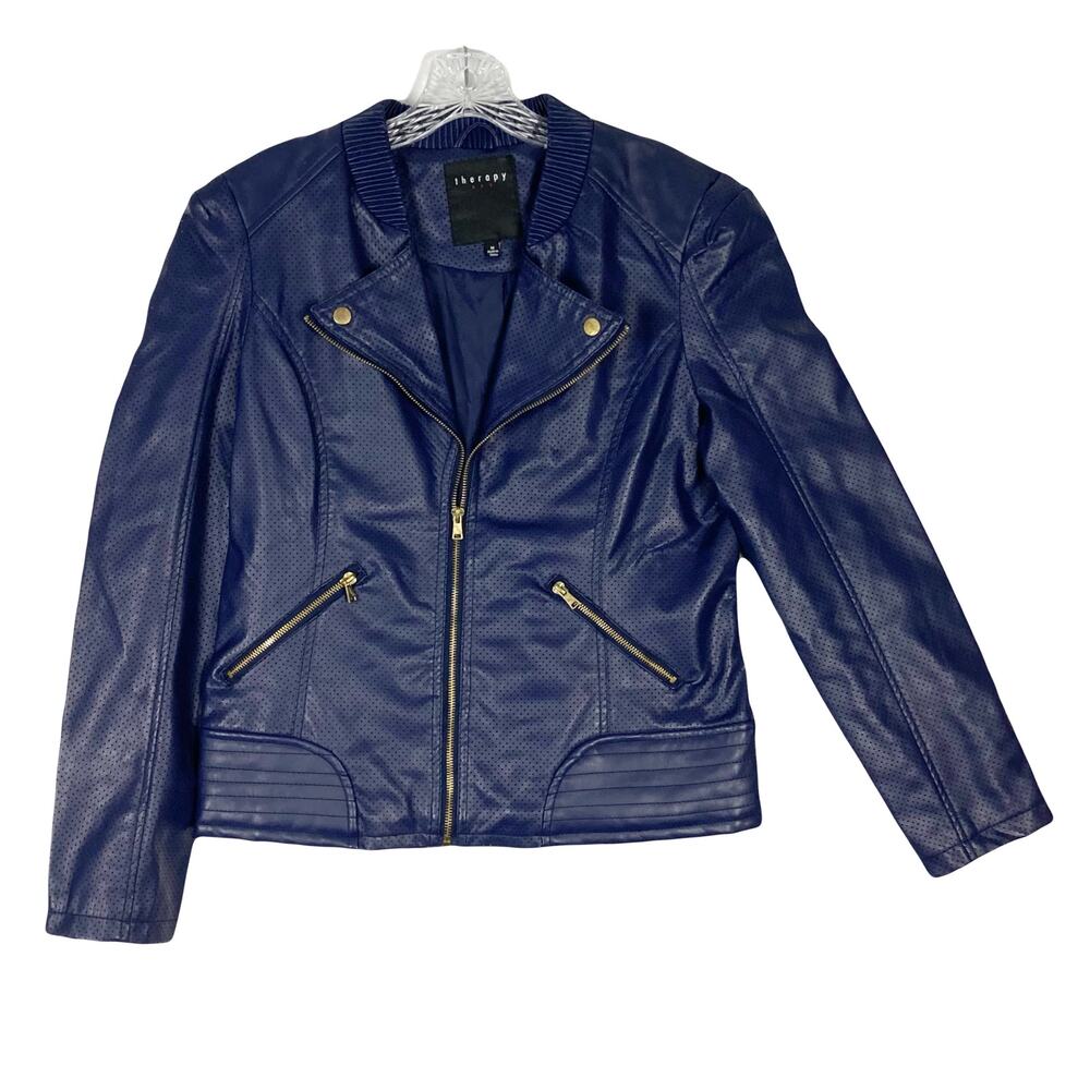 NWOT THERAPY Jacket M Blue Vegan-Leather Moto Bike Zip Pocket Long-Sleeve Lined